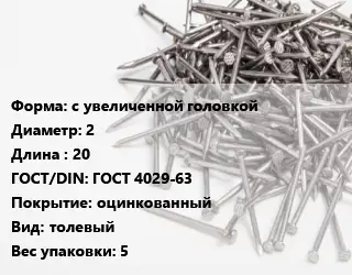 Гвоздь для рубероида с увеличенной головкой 2х20 ГОСТ: ГОСТ 4029-63 оцинкованный толевый 5